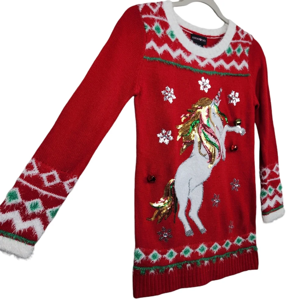Ugly Christmas Sweater UCS Dress Cute Unicorn Faux Fur Jingle Kids Size Medium